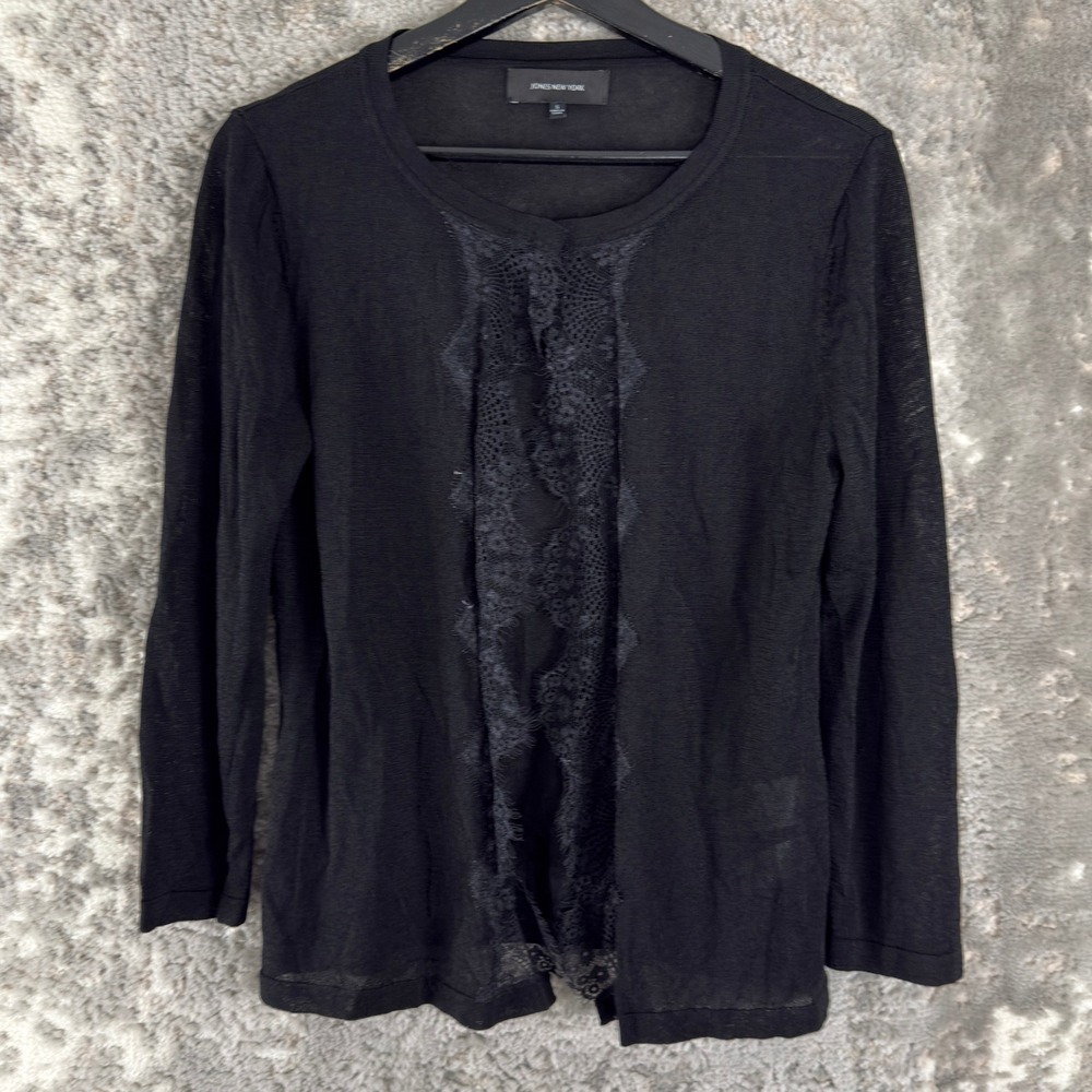 Jones New York Size S Lace Trim Open Front Cardigan Sweater Black Long Sleeve